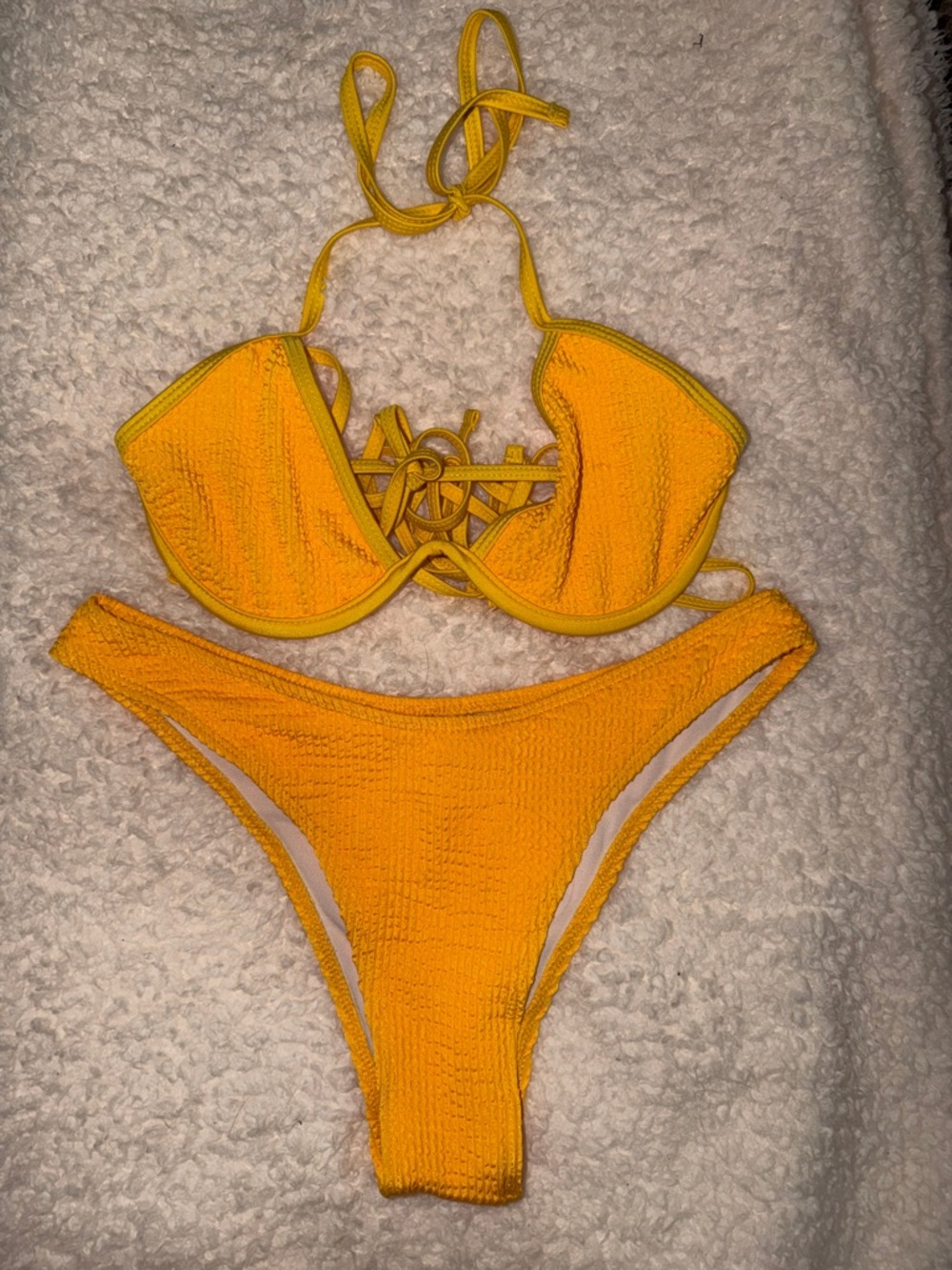 SHEIN Yellow Textured Lace-Up Bikini Set